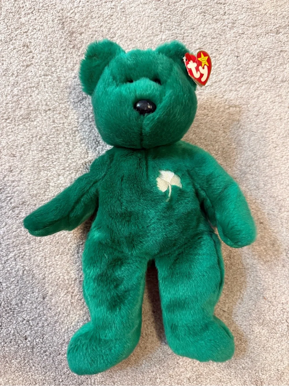 Large TY Green Bear Plush with White Shamrock Embroidery (ERIN)